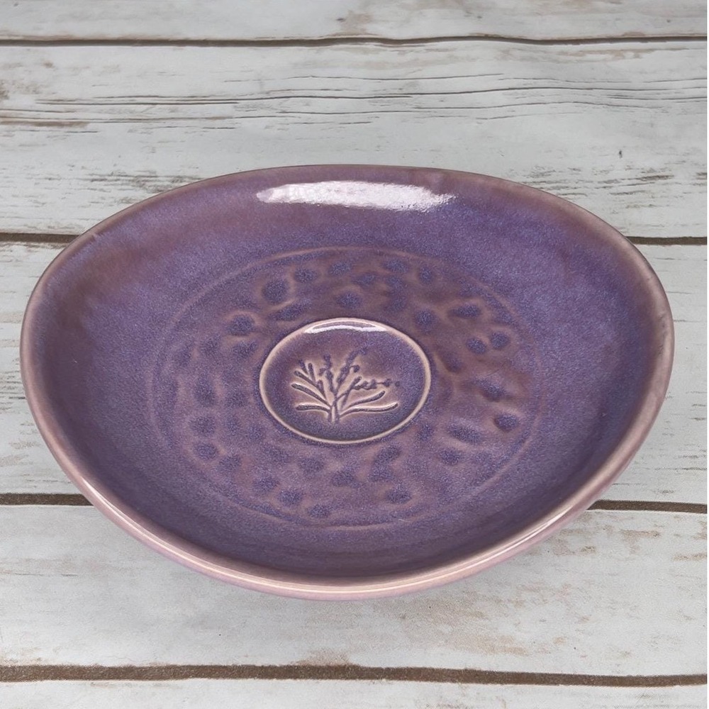 Partylite Handcrafted Ceramic Trinket Bowl Purple Floral Embossed 6.75in